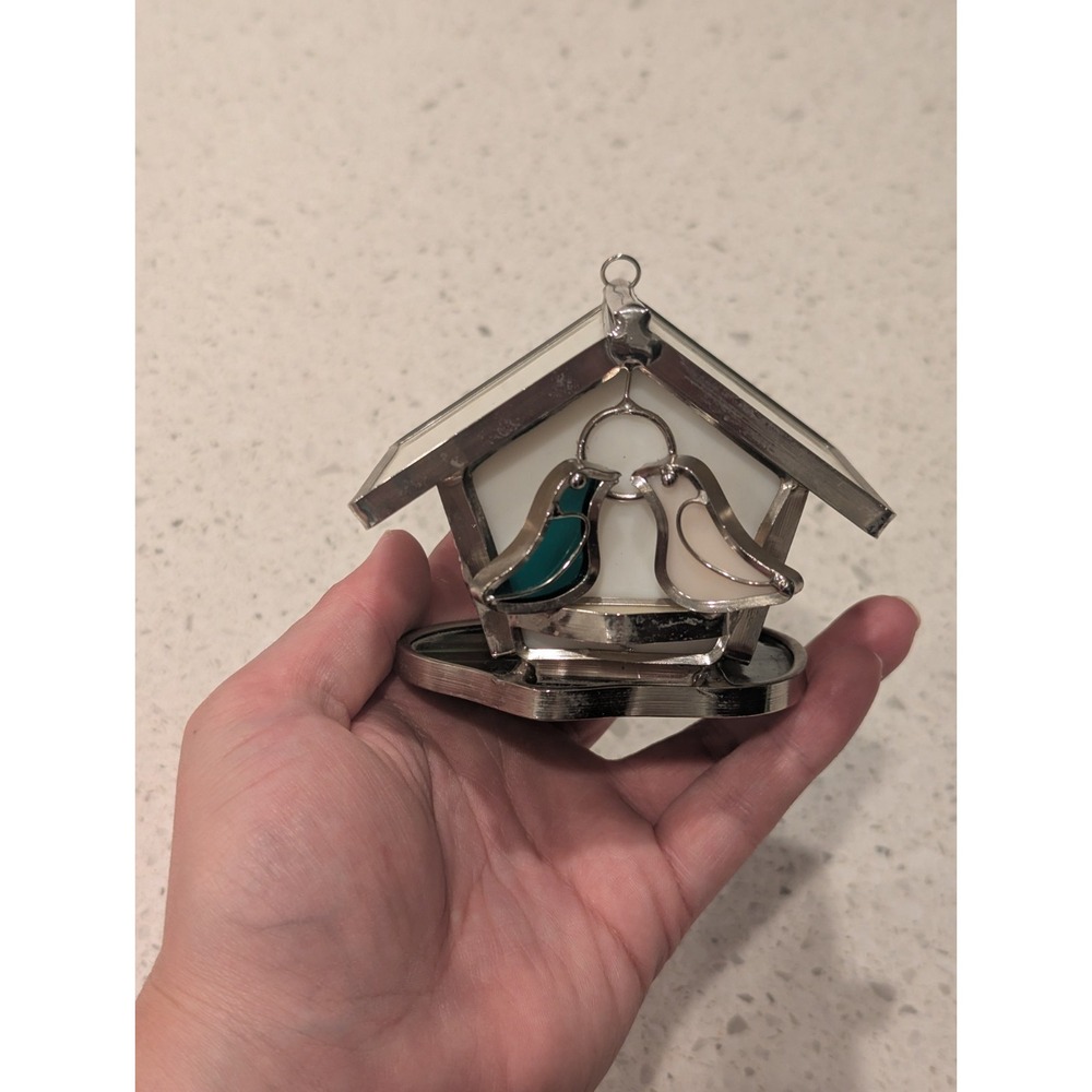 Vintage Stained Glass Sun Catcher Trinket Box Bird House Ornament White Green